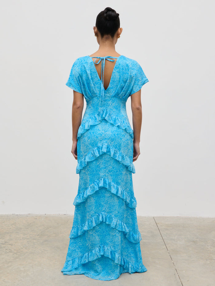Elle Is 5'3" & Wears Size UK 6|Tamsin Ruffle Chiffon Dress - Blue Multi Abstract Print