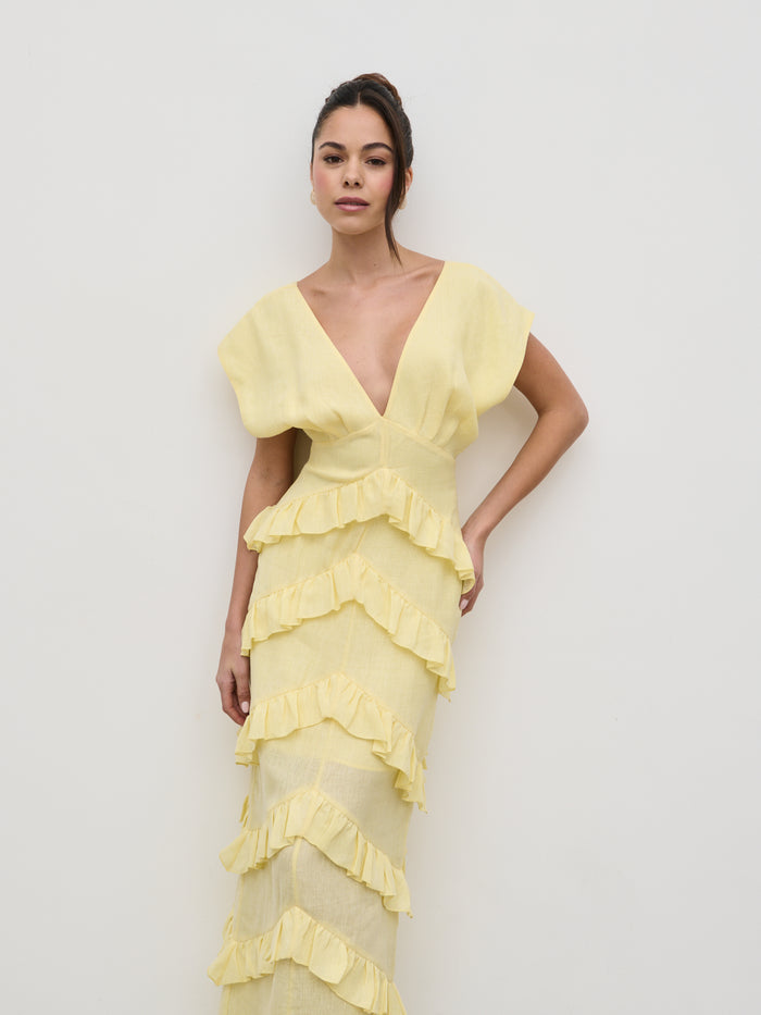 Elissa Is 5'8.5" & Wears Size UK 8|Tamsin Ruffle Dress - Lemon