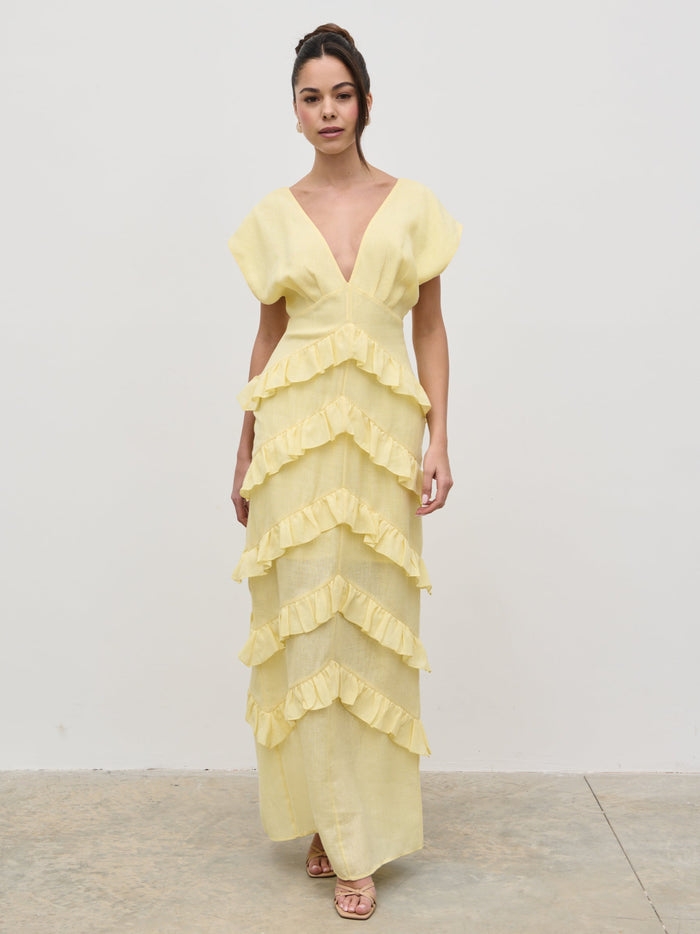 Elissa Is 5'8.5" & Wears Size UK 8|Tamsin Ruffle Dress - Lemon