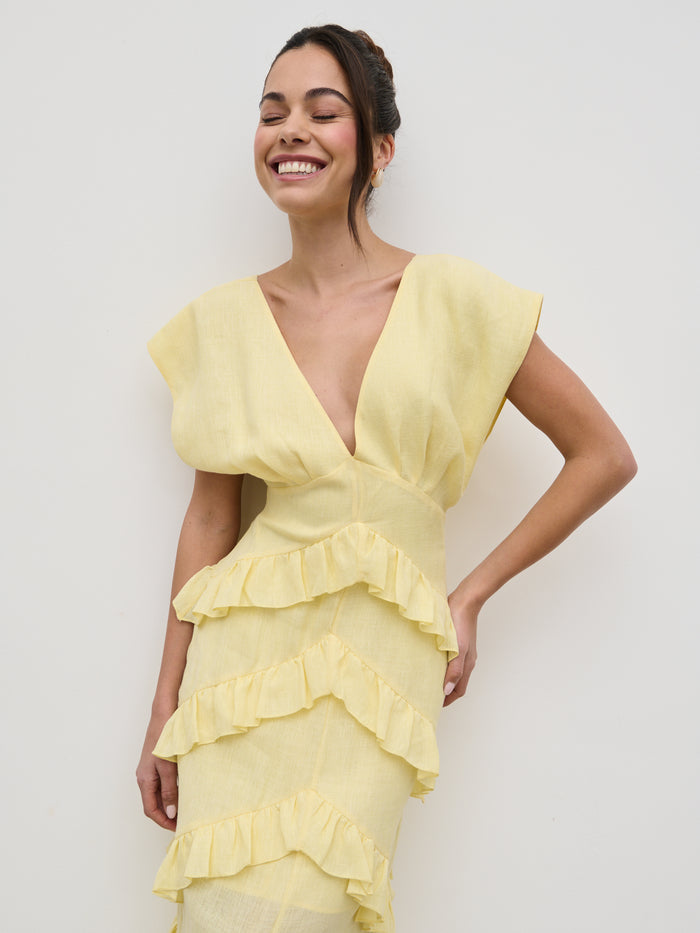 Elissa Is 5'8.5" & Wears Size UK 8|Tamsin Ruffle Dress - Lemon