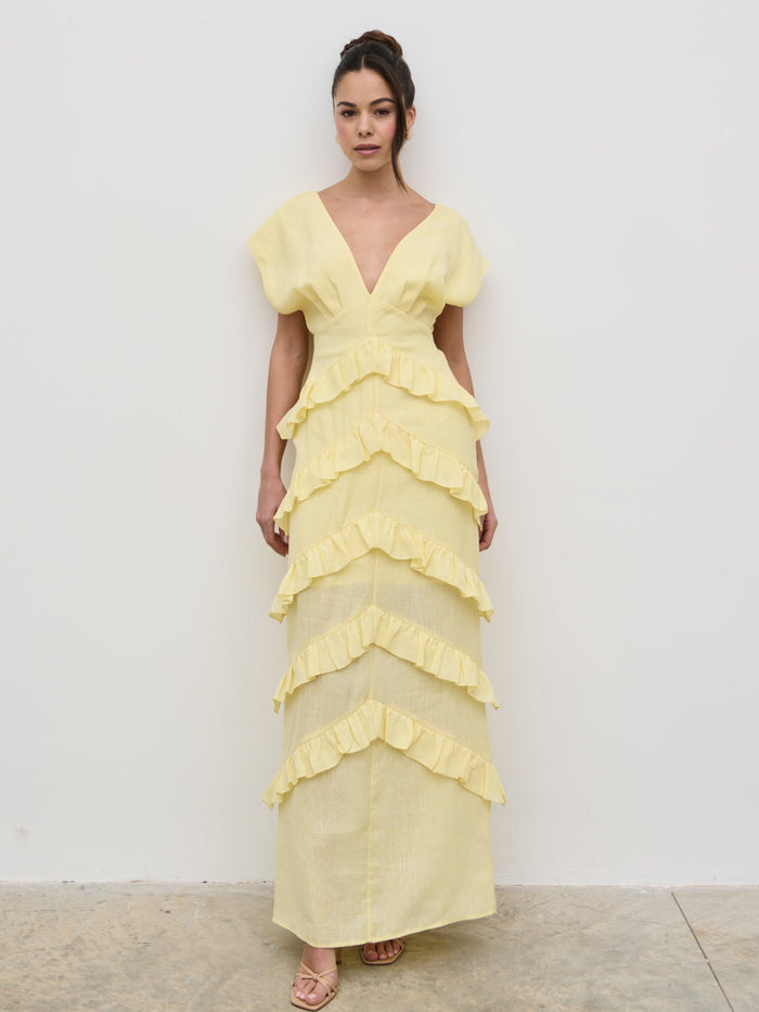 Elissa Is 5'8.5" & Wears Size UK 8|Tamsin Ruffle Dress - Lemon