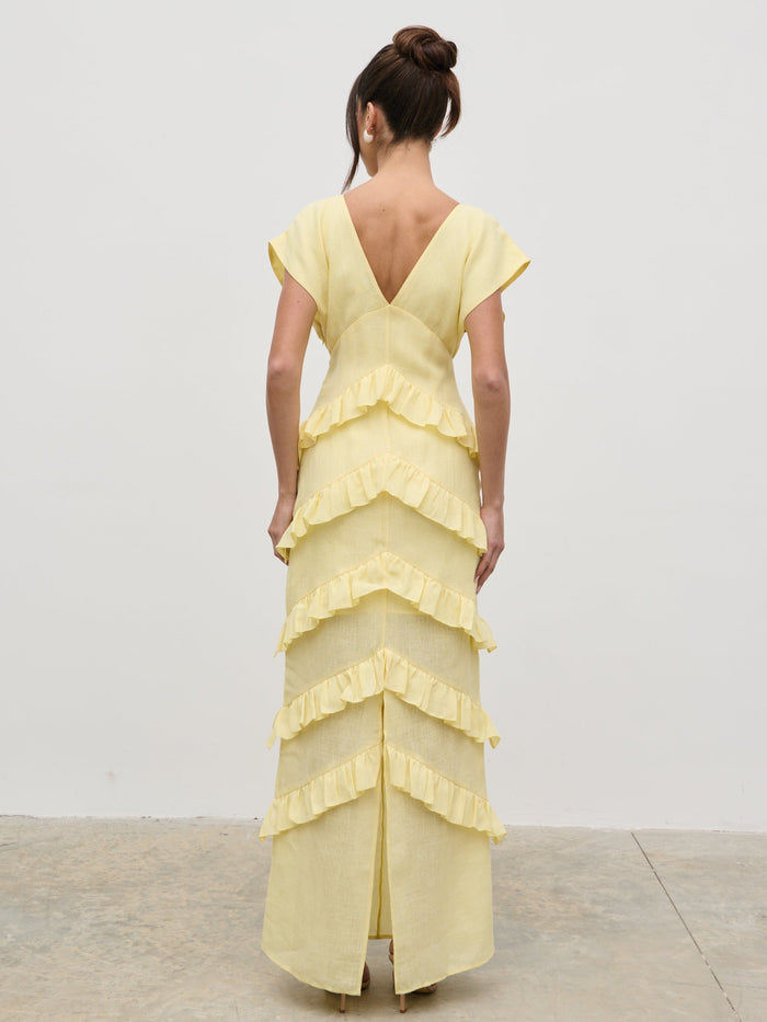 Elissa Is 5'8.5" & Wears Size UK 8|Tamsin Ruffle Dress - Lemon