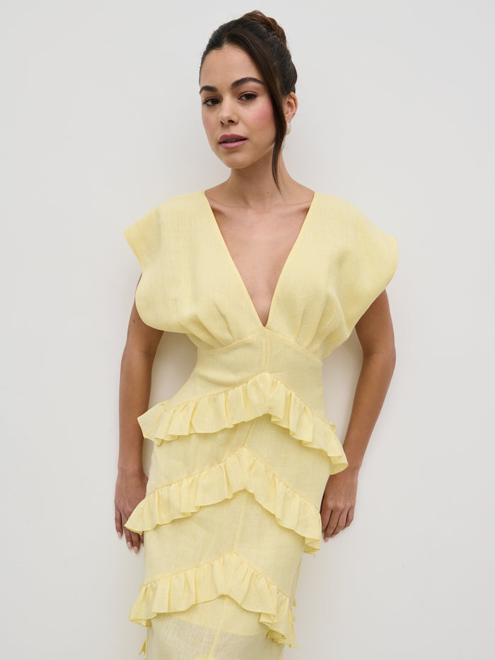 Elissa Is 5'8.5" & Wears Size UK 8|Tamsin Ruffle Dress - Lemon