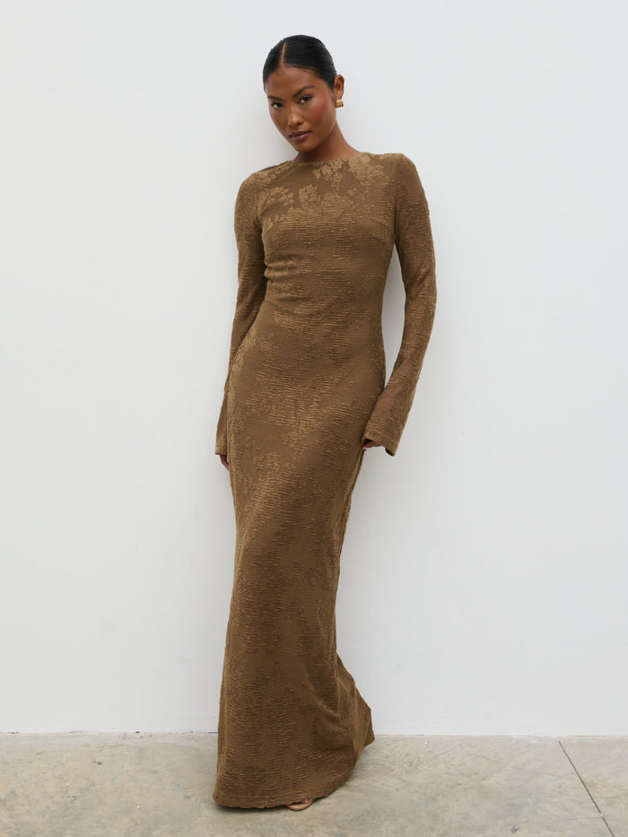Elle Is 5'3" & Wears Size UK 6|Tanaia Long Sleeve Jersey Maxi Dress - Chocolate Floral