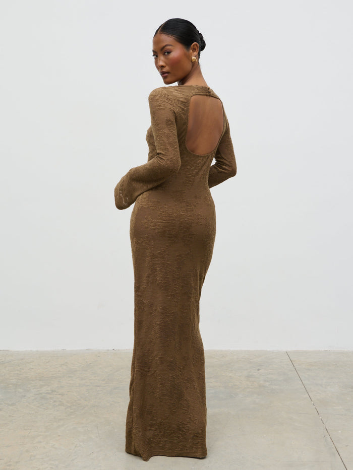 Elle Is 5'3" & Wears Size UK 6|Tanaia Long Sleeve Jersey Maxi Dress - Chocolate Floral