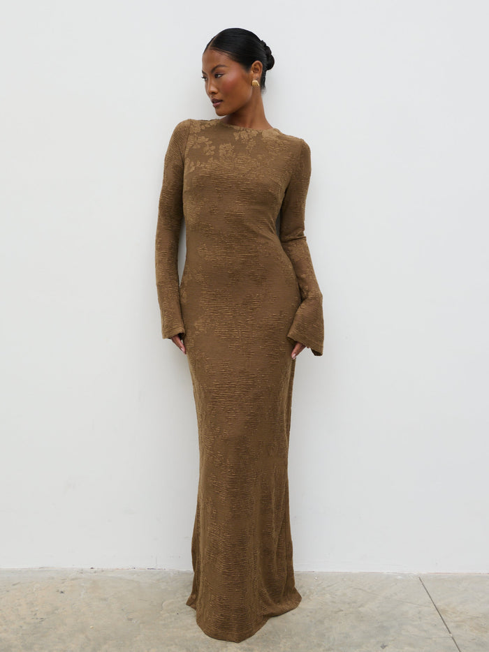 Elle Is 5'3" & Wears Size UK 6|Tanaia Long Sleeve Jersey Maxi Dress - Chocolate Floral