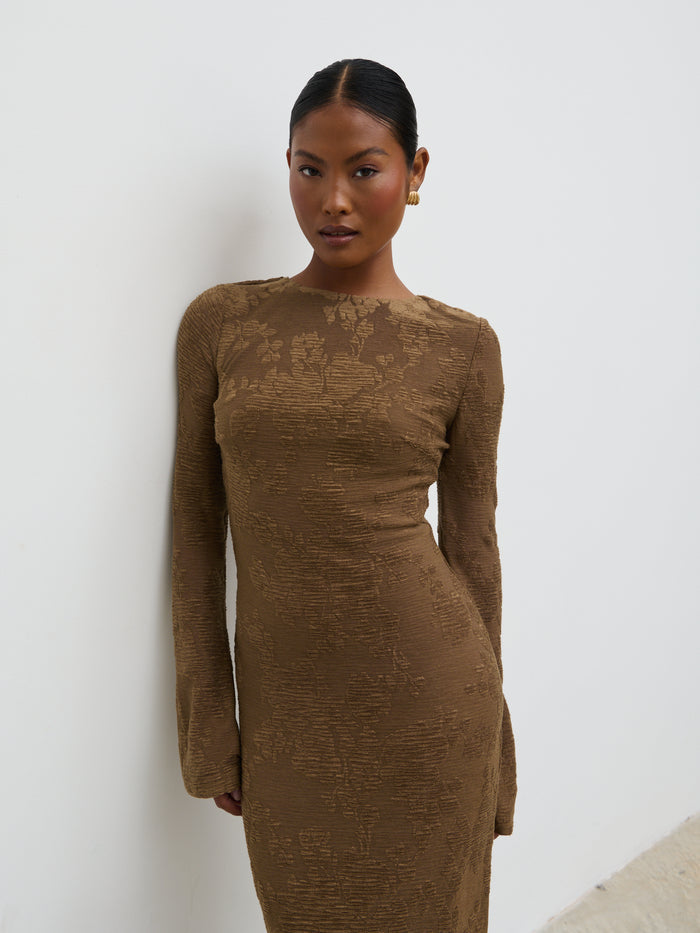 Elle Is 5'3" & Wears Size UK 6|Tanaia Long Sleeve Jersey Maxi Dress - Chocolate Floral