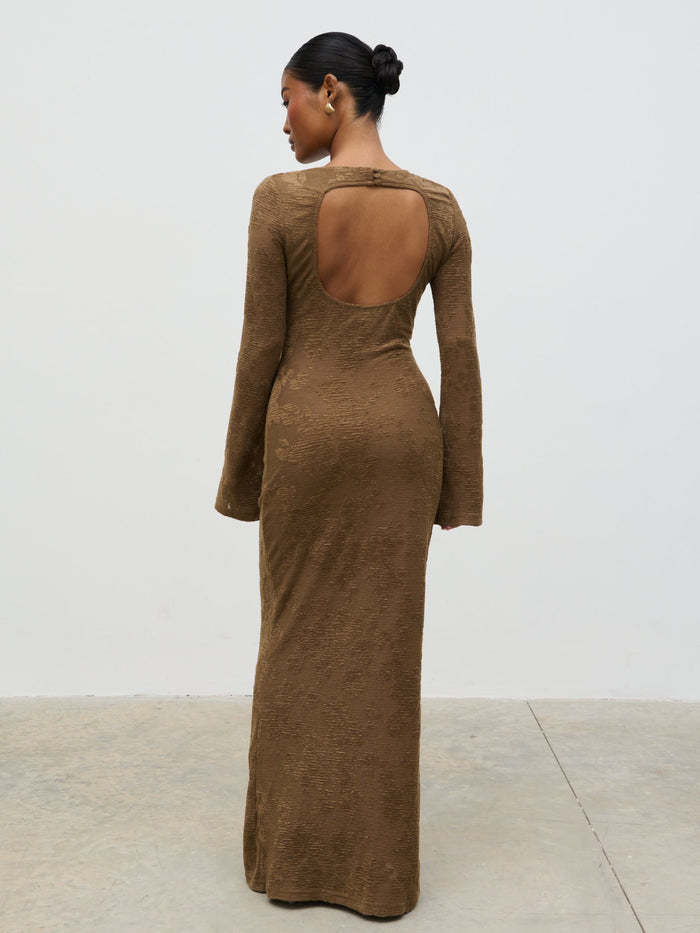 Elle Is 5'3" & Wears Size UK 6|Tanaia Long Sleeve Jersey Maxi Dress - Chocolate Floral