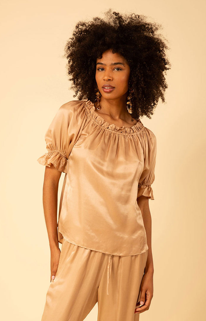 Tatum Solid Charmeuse Balloon Sleeve Top, color_beige