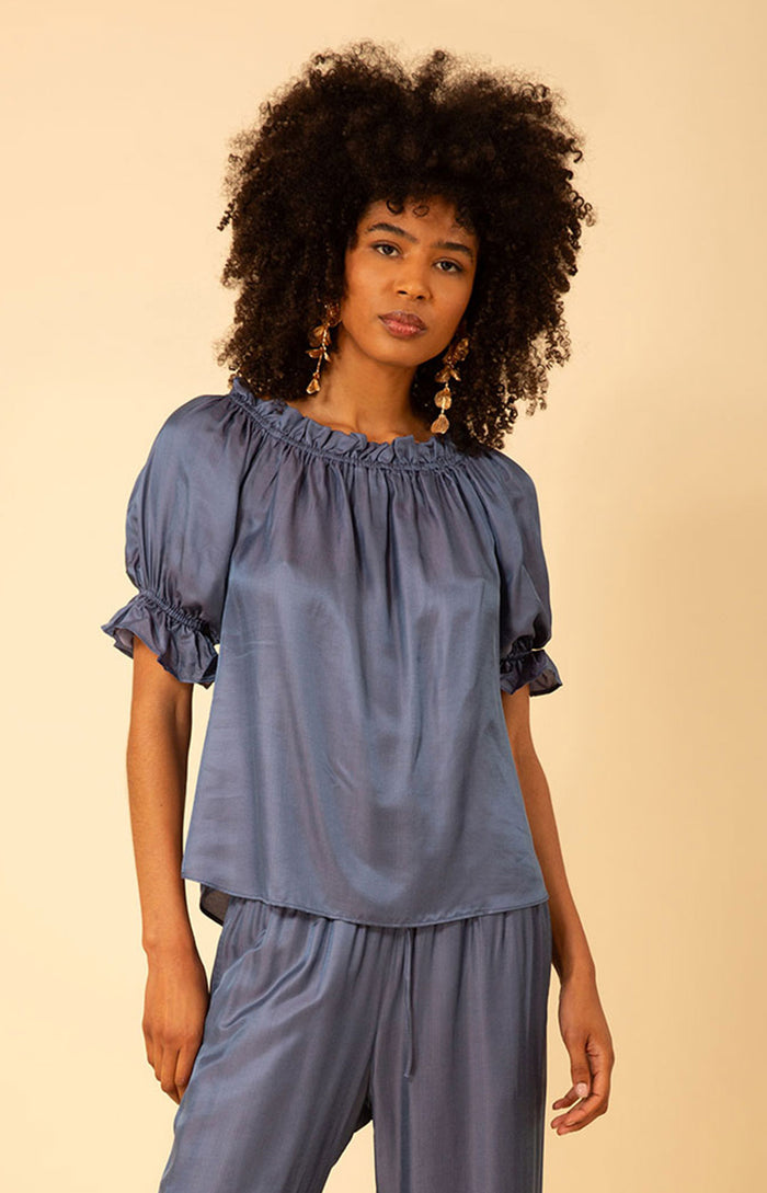 Tatum Solid Charmeuse Balloon Sleeve Top, color_indigo