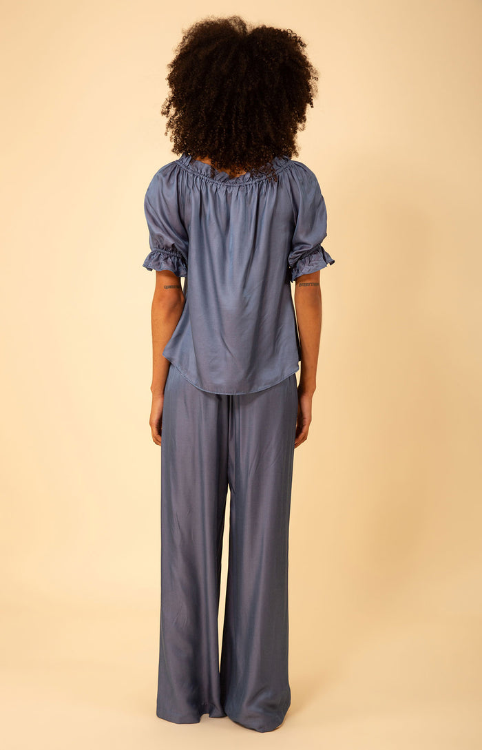 Tatum Solid Charmeuse Balloon Sleeve Top, color_indigo