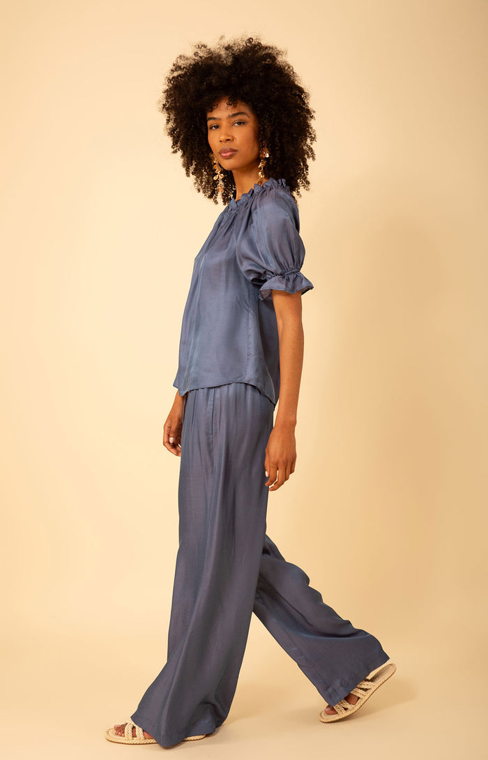 Tatum Solid Charmeuse Balloon Sleeve Top, color_indigo