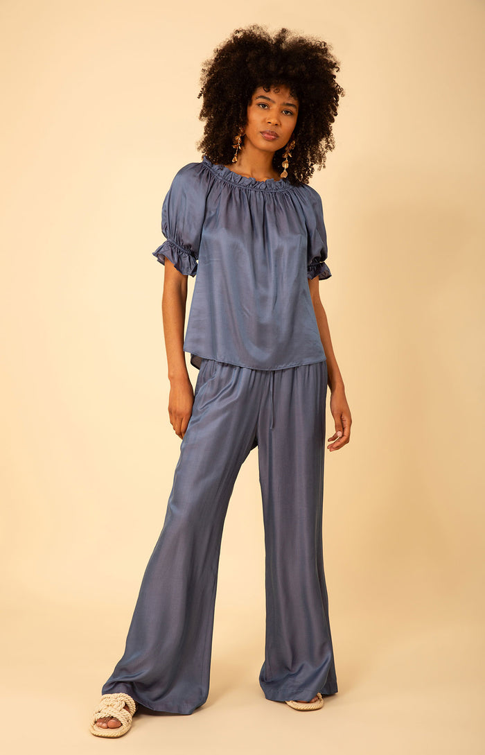 Tatum Solid Charmeuse Balloon Sleeve Top, color_indigo