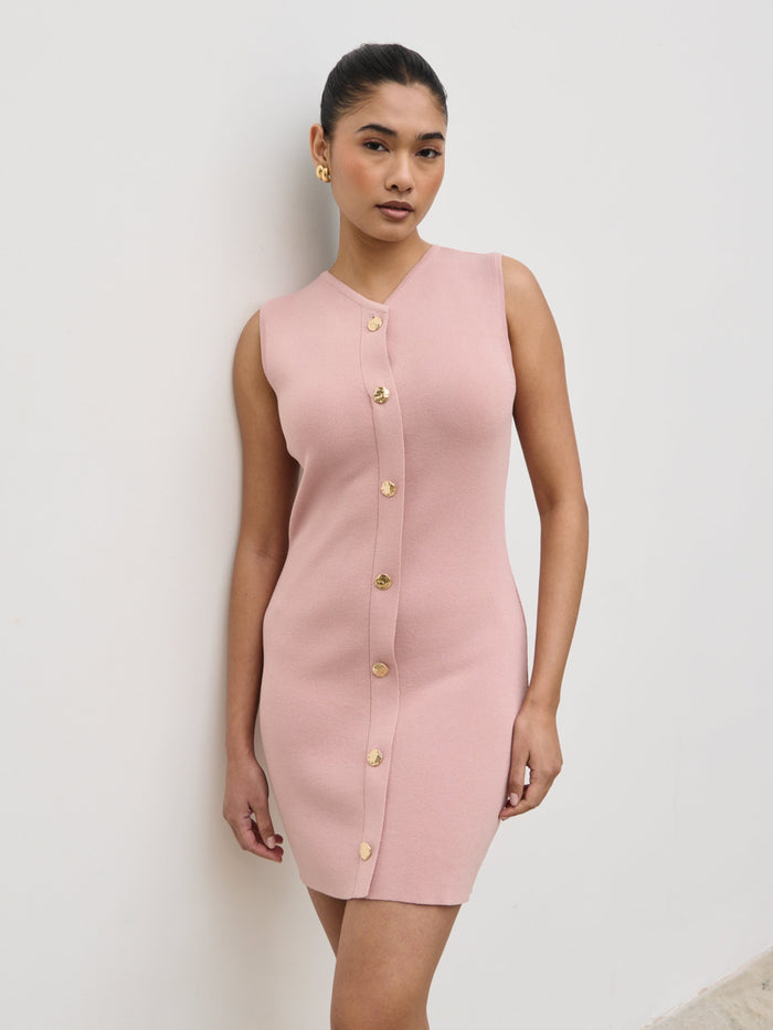 Candy Is 5'6" & Wears Size UK S|Taylor Button Knit Mini Dress - Pastel Pink