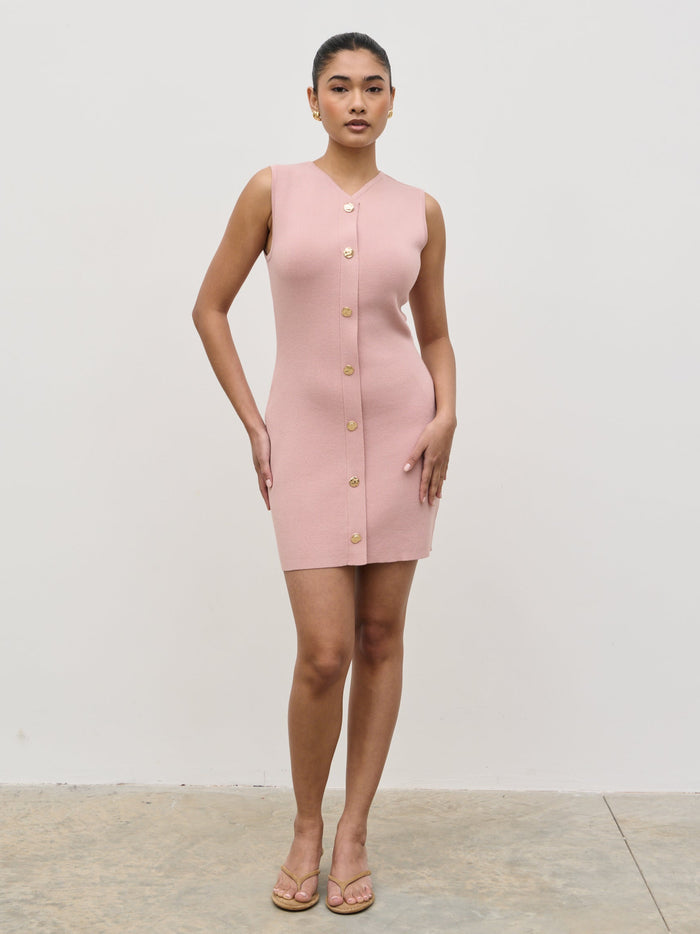 Candy Is 5'6" & Wears Size UK S|Taylor Button Knit Mini Dress - Pastel Pink