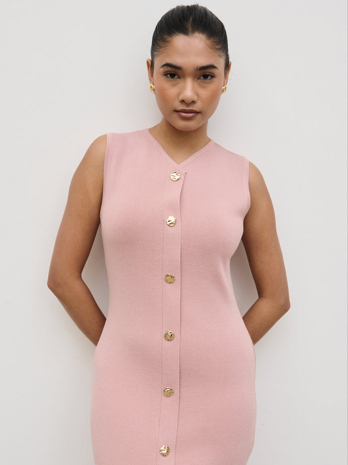 Candy Is 5'6" & Wears Size UK S|Taylor Button Knit Mini Dress - Pastel Pink