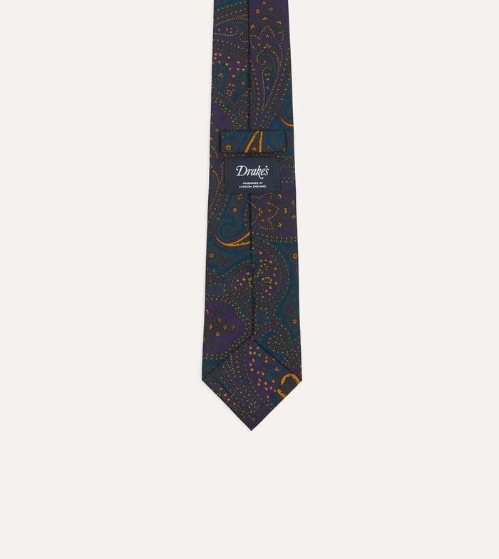 Teal and Purple Large Paisley Print Madder Silk Self Tipped Tie