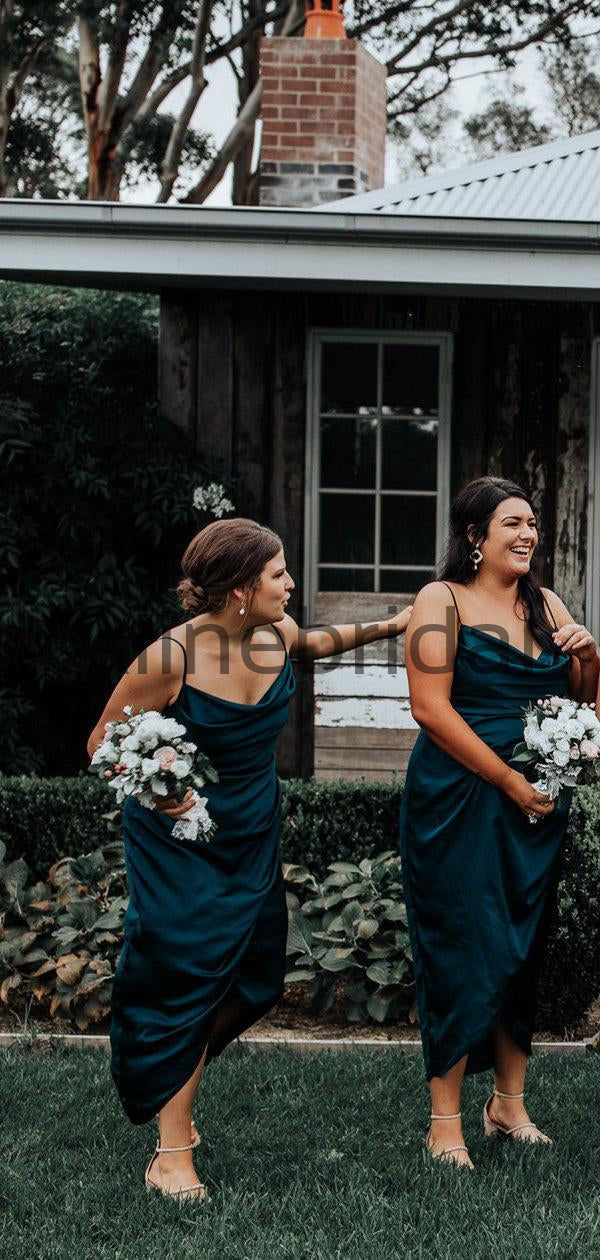 Teal Elastic Satin Spaghetti Strap Ankle Length Sheath Bridesmaid Dresses, AB4138