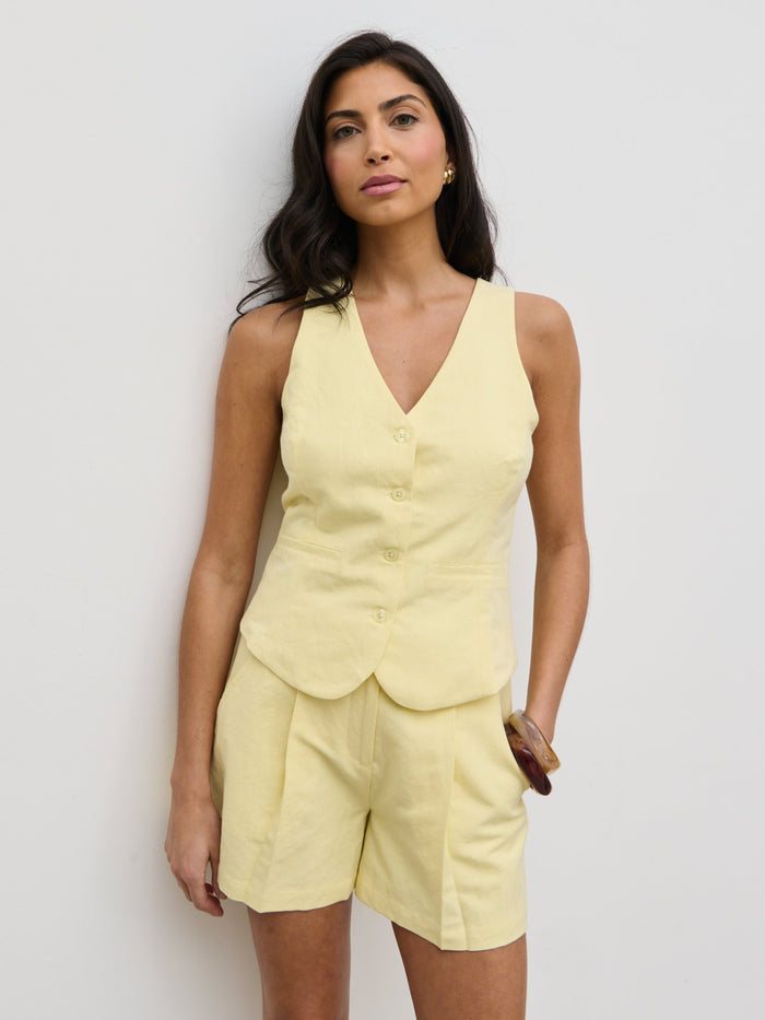Lygia Is 5'9" & Wears Size UK 8|Thali Racer Neck Waistcoat - Lemon