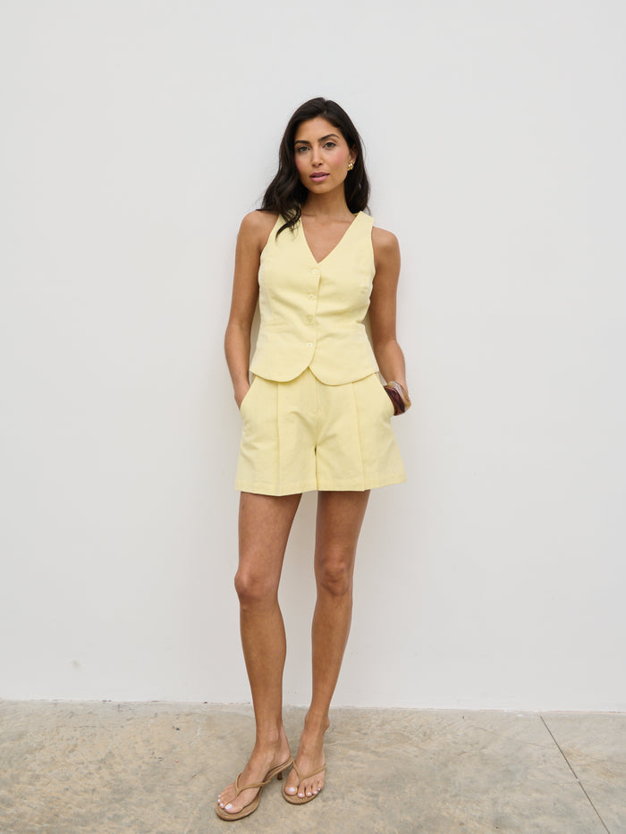 Lygia Is 5'9" & Wears Size UK 8|Thali Racer Neck Waistcoat - Lemon
