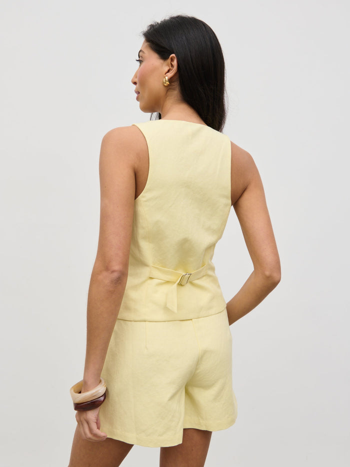 Lygia Is 5'9" & Wears Size UK 8|Thali Racer Neck Waistcoat - Lemon