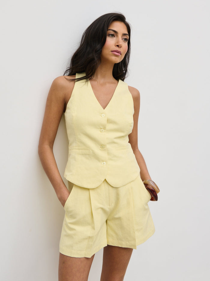 Lygia Is 5'9" & Wears Size UK 8|Thali Racer Neck Waistcoat - Lemon