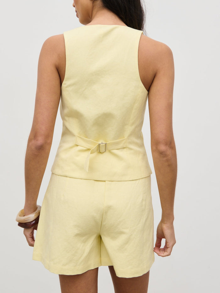 Lygia Is 5'9" & Wears Size UK 8|Thali Racer Neck Waistcoat - Lemon