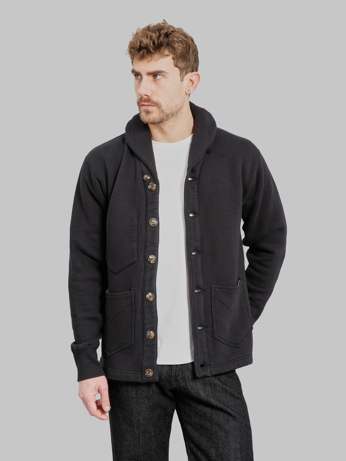 The Strike Gold Loopwheeled Shawl Collar Cardigan Black styled