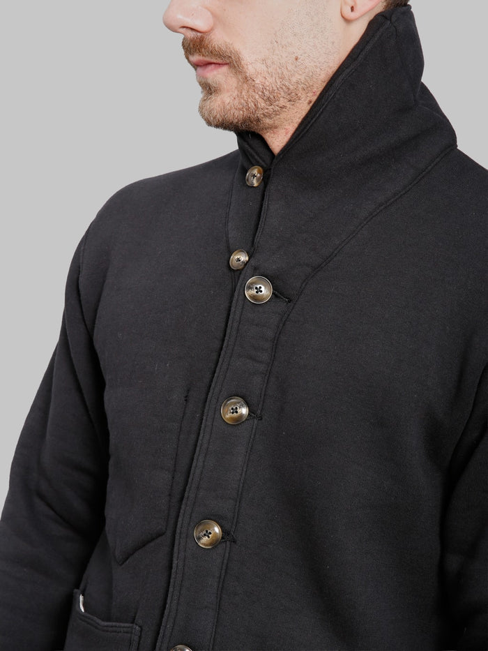 The Strike Gold Loopwheeled Shawl Collar Cardigan Black front buttons