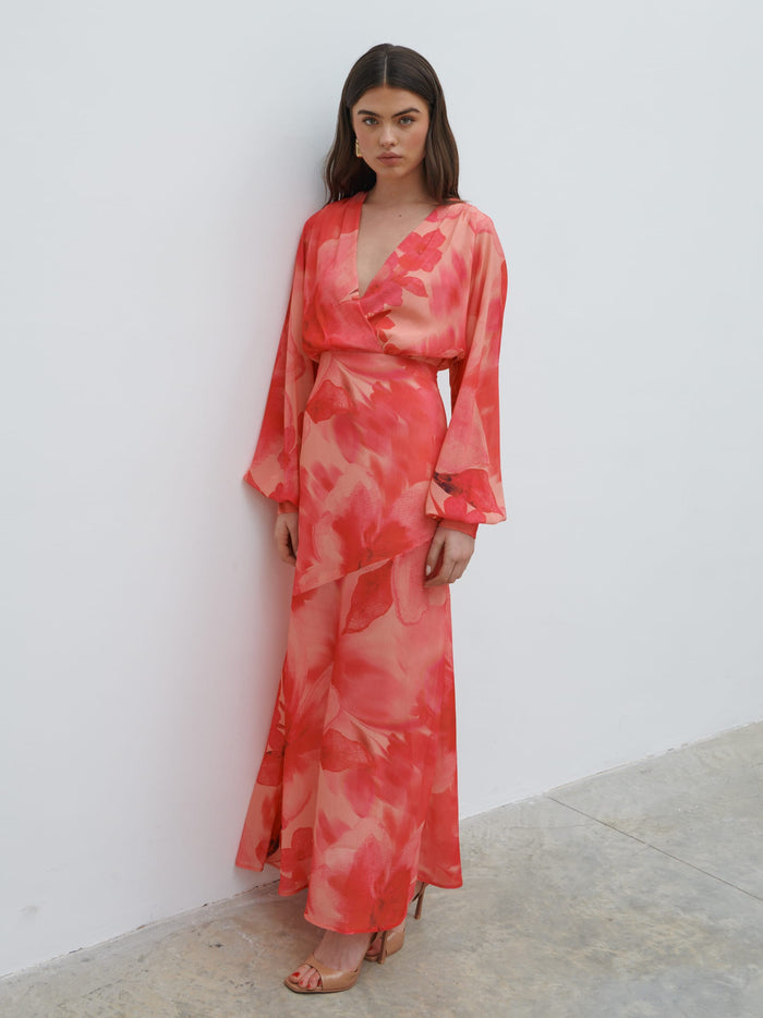 Lauren Is 5'7.5" & Wears Size UK 6|Theia Batwing Maxi Dress - Pink Large Scale Floral