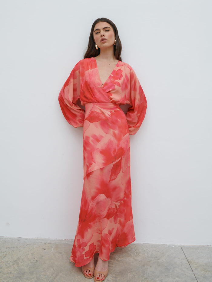 Lauren Is 5'7.5" & Wears Size UK 6|Theia Batwing Maxi Dress - Pink Large Scale Floral