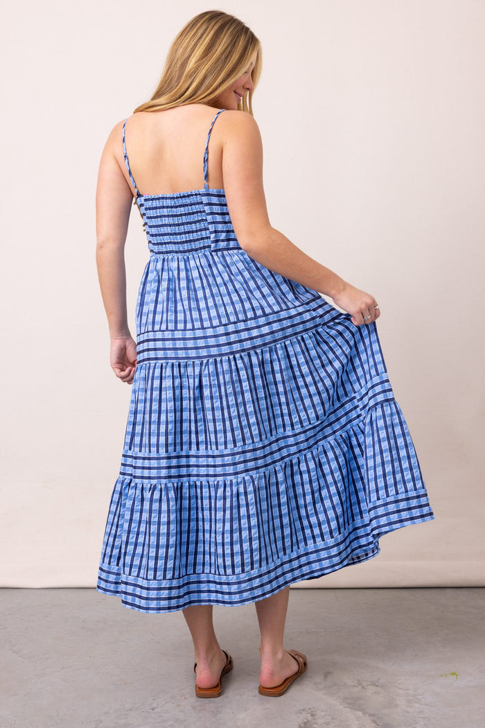 Thin Strap Striped Pattern Tiered Dress | Light Blue
