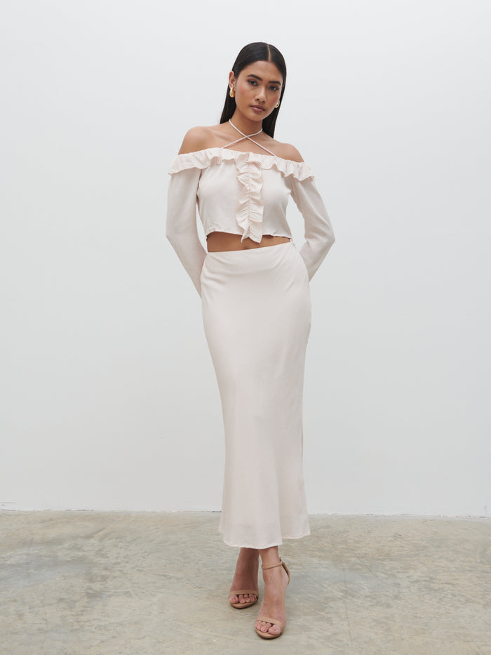 Candy Is 5'6" & Wears Size UK 8|Tiffany Midaxi Skirt - Pale Blush