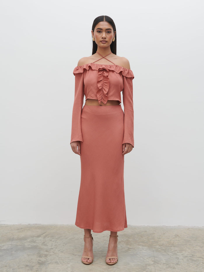 Candy Is 5'6" & Wears Size UK 8|Tiffany Midaxi Skirt - Terracotta