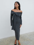 Lygia Is 5'9" & Wears Size UK S|Tilda Bow Bardot Knit Midaxi Dress - Charcoal