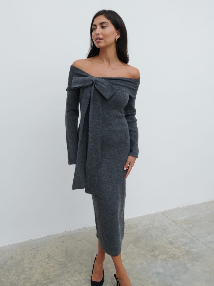 Lygia Is 5'9" & Wears Size UK S|Tilda Bow Bardot Knit Midaxi Dress - Charcoal