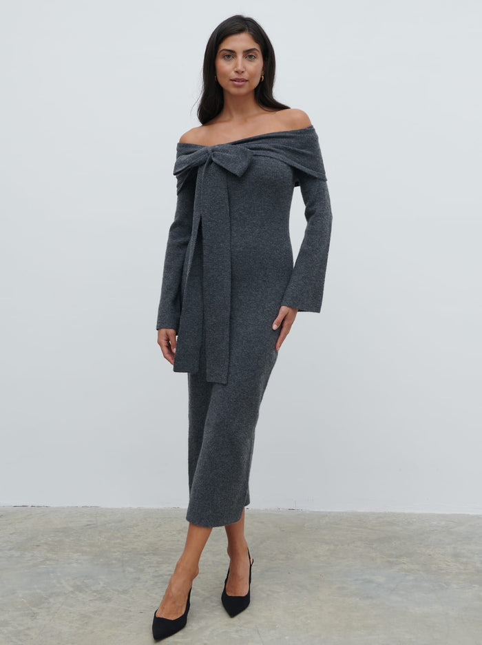 Lygia Is 5'9" & Wears Size UK S|Tilda Bow Bardot Knit Midaxi Dress - Charcoal