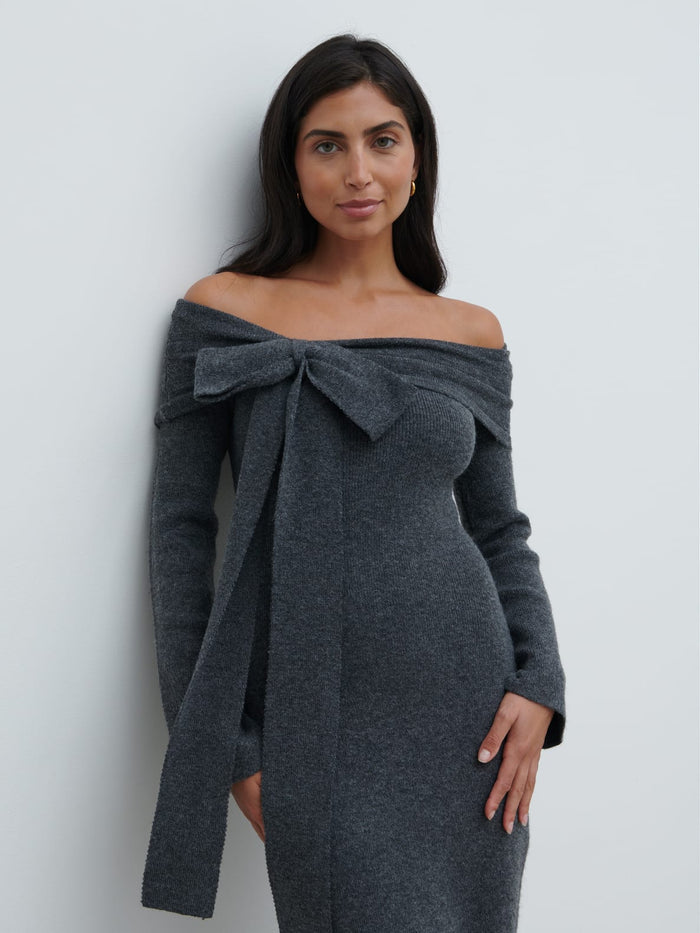 Lygia Is 5'9" & Wears Size UK S|Tilda Bow Bardot Knit Midaxi Dress - Charcoal