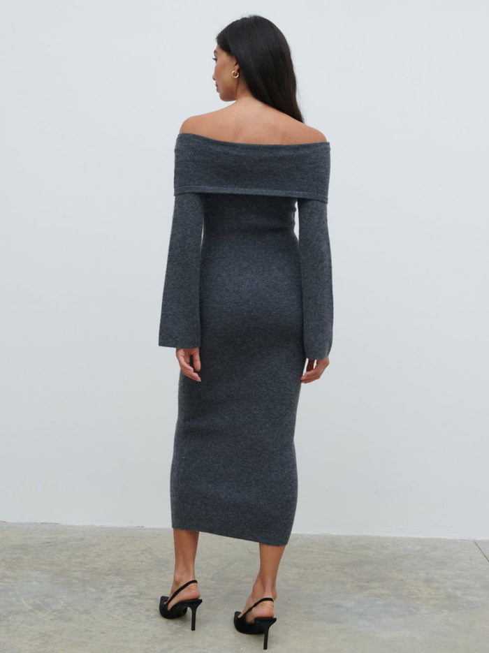 Lygia Is 5'9" & Wears Size UK S|Tilda Bow Bardot Knit Midaxi Dress - Charcoal