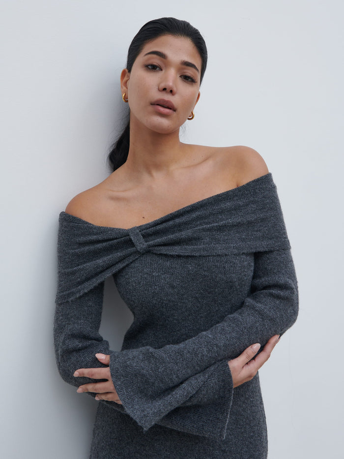 Bianca Is 5'9" & Wears Size UK XS|Tilda Bow Bardot Knit Midaxi Dress - Charcoal