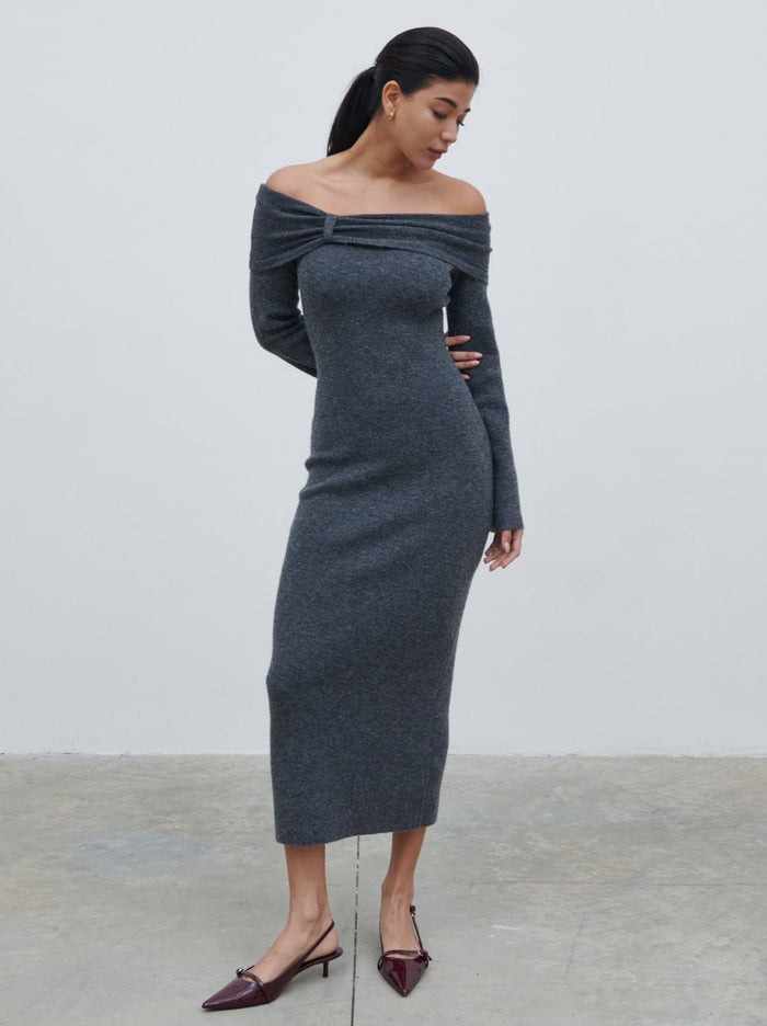 Bianca Is 5'9" & Wears Size UK XS|Tilda Bow Bardot Knit Midaxi Dress - Charcoal