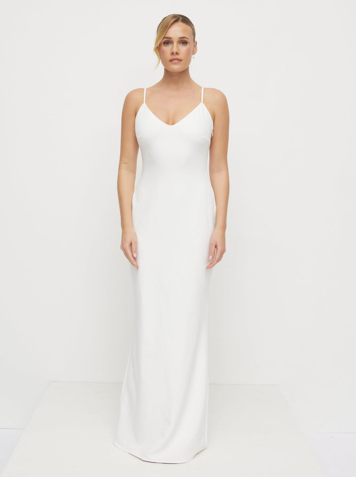 Harriet is 5'8" & Wears Size UK 8|Tillie V-Neck Crepe Maxi Bridesmaid Dress - Ivory