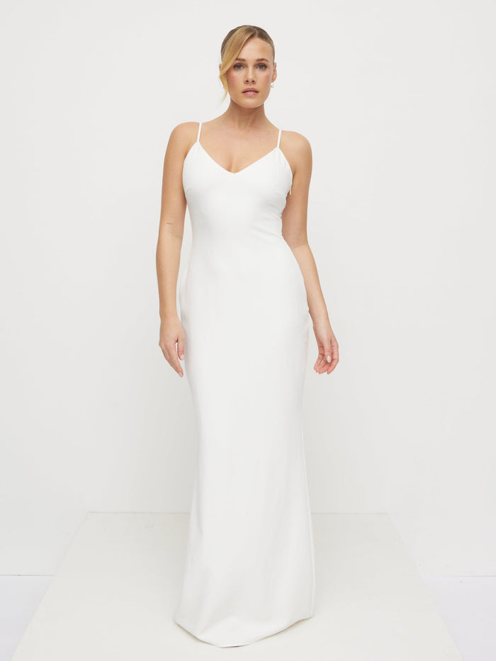 Harriet is 5'8" & Wears Size UK 8|Tillie V-Neck Crepe Maxi Bridesmaid Dress - Ivory