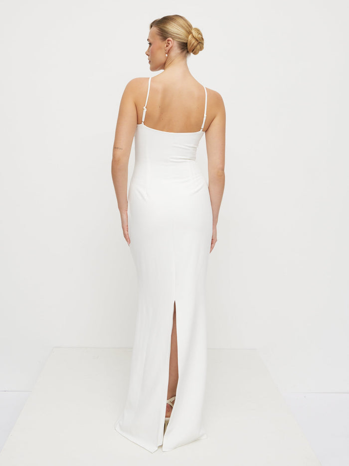 Harriet is 5'8" & Wears Size UK 8|Tillie V-Neck Crepe Maxi Bridesmaid Dress - Ivory