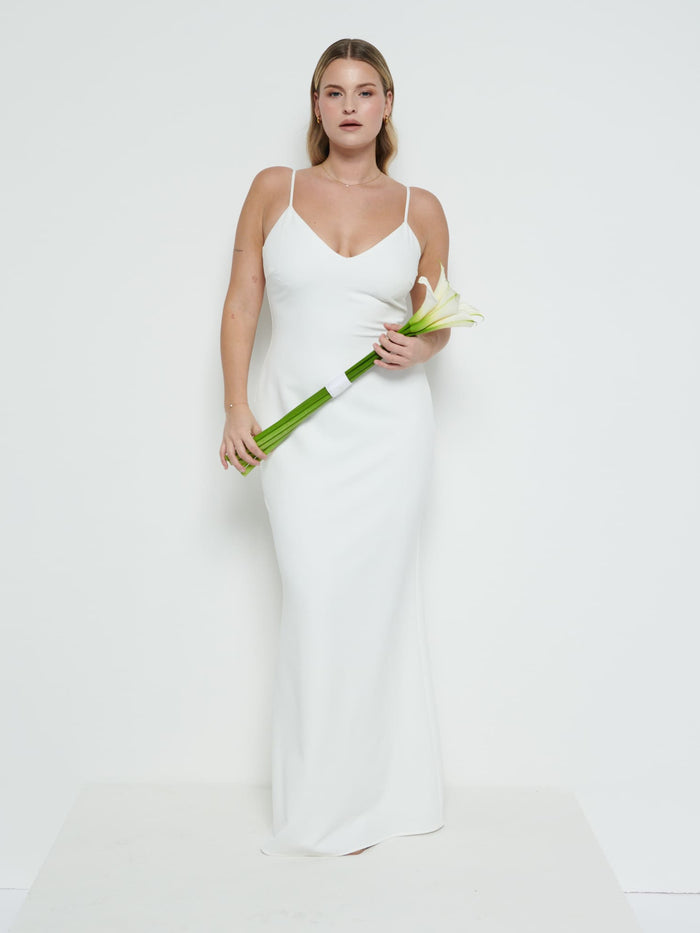 Theo Is 5'8.5" & Wears Size UK 12|Tillie V-Neck Crepe Maxi Bridesmaid Dress - Ivory