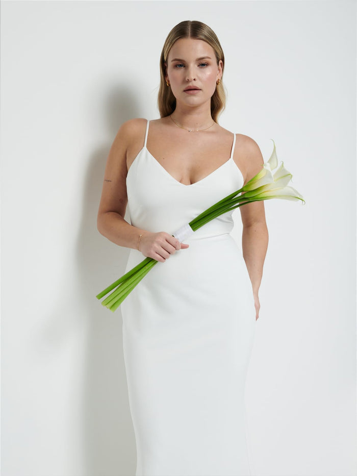 Theo Is 5'8.5" & Wears Size UK 12|Tillie V-Neck Crepe Maxi Bridesmaid Dress - Ivory