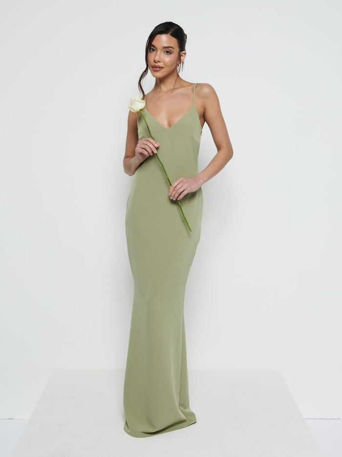 Marina Is 5'7.5" & Wears Size UK 8|Tillie V-Neck Crepe Maxi Bridesmaid Dress - Olive