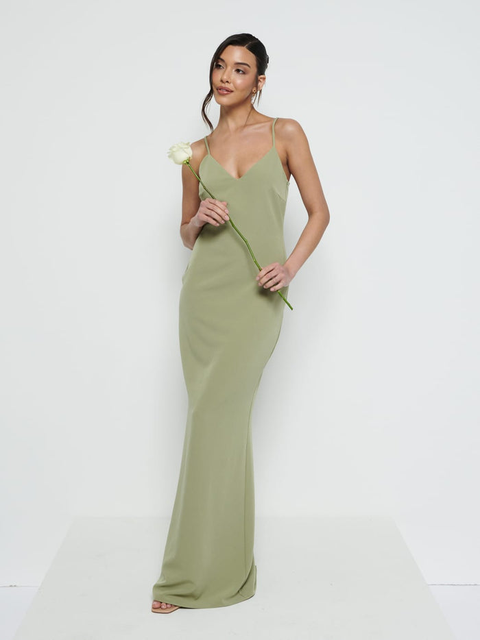 Marina Is 5'7.5" & Wears Size UK 8|Tillie V-Neck Crepe Maxi Bridesmaid Dress - Olive