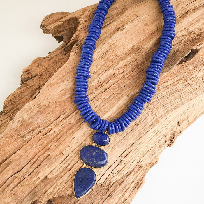 Triple Gemstone Pendant on Gemstone Heishi Necklace