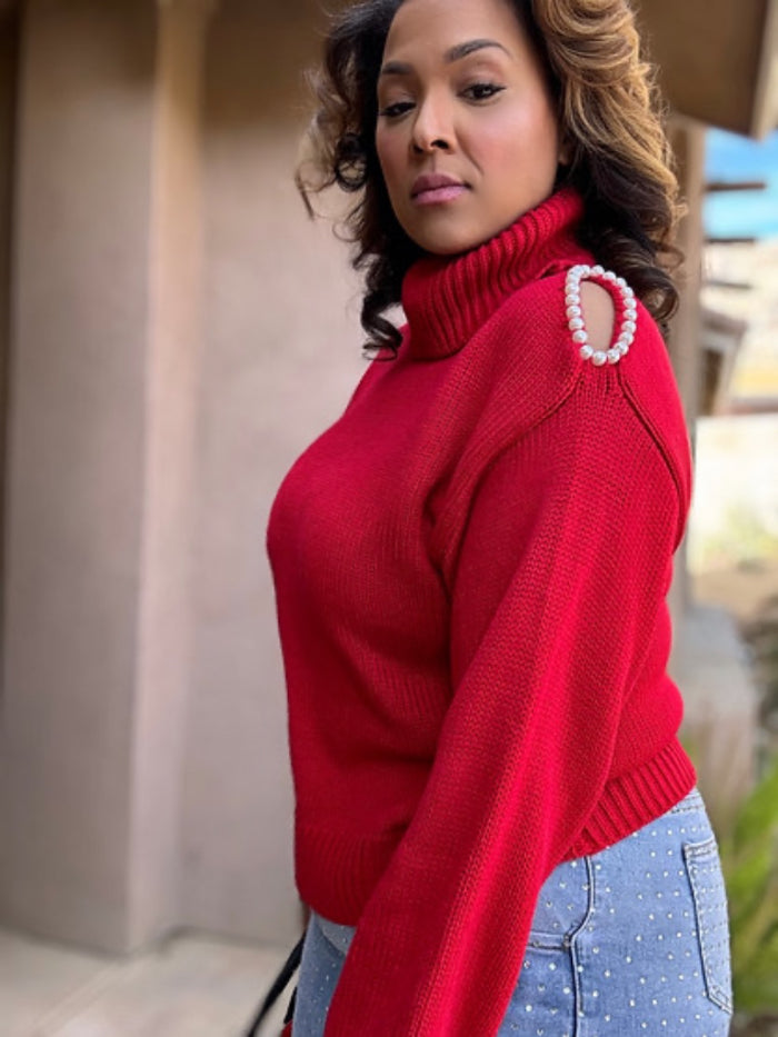Turtleneck Pearl Cutout Sweater image 3